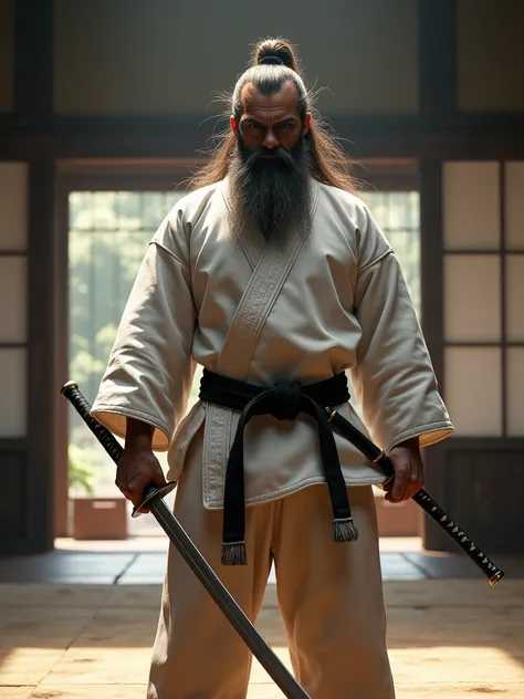 karate, dojo, fighter, long hair, long beard, katana sword