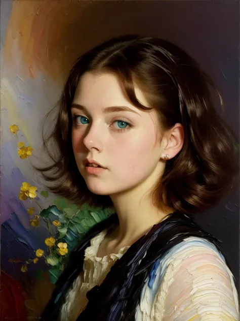 [front portrait] [low view] 1 dreamy teen Jessica Reynolds with big eyes and short red hair ((ilya repin style)), ((oil painting  )),  very colorful   ,   supreme detail , ((masterpiece)),
 ((Single shot)), impression, perspective, 8 thousand.