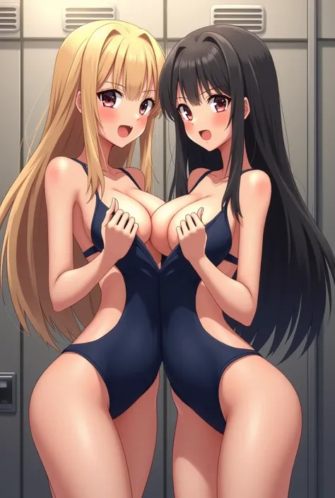 2 asian girls 、 high school girl、JK、 gal、gal、( Black:1.3)、 galメイク、Big Breasts、 High Quality 、 real、Realistic、 Anatomically Correct、(Blonde:1.3)、 long hair、( is wearing a dark blue school swimsuit:1.3)、background:In the school changing room、(Body facing for...