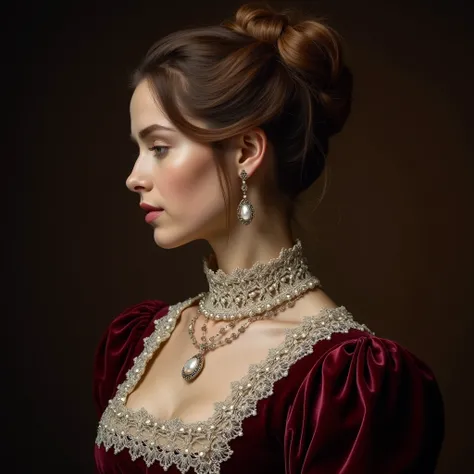 Portrait of a Woman with a beautifully styled high hairstyle, in a burgundy velvet dress, with a deep neckline, a white royal lace exquisite collar of the 15th century that lies along the neckline on the chest and rises high behind the pina on the back of ...