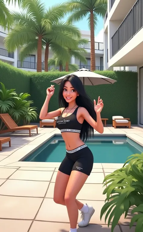 Woman 30 years, long straight black hair, wearing black sports bra with white Victoria’s Secret lower trim name with black sweat shorts and white low socks. At backyard with small square pool with green grass wall in the back and white modern low rise apar...