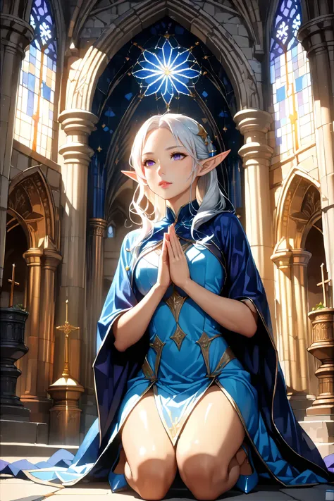 (masterpiece, ultra quality, official art, 8k, beautiful and aesthetic, extreamly detailed:1.3), (1 elf lady), solo, (cowboy shot:1.3), (Scenery inside the cathedral), anatomically correct, absurdres, (well-defined facial features, perfectly proportioned f...