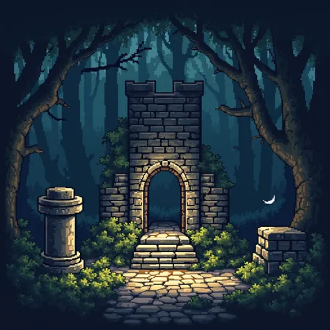  2D pixelated side-scrolling game with mosaics of ancient platforms and ruins., Sprite table with multiple tiles , dark light, The style of ancient castle ruins and a dense forest background, Pixel art style
