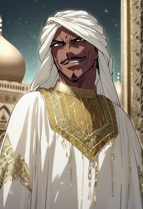 Solo male, Saudi Arabian, 40 years old, Saudi clothing, ((evil smirk)), Saudi palace background