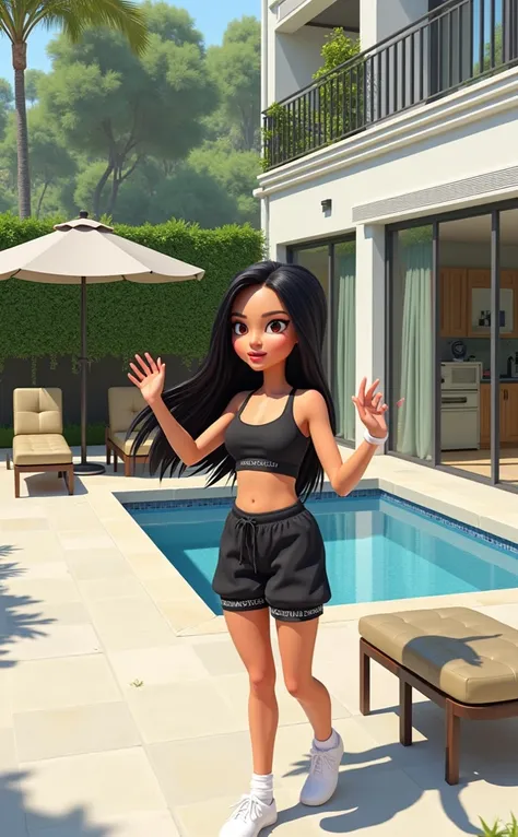 Woman 30 years, long straight black hair, wearing black sports bra with white Victoria’s Secret lower trim name with black sweat shorts and white low socks. At backyard with small square pool with green grass wall in the back and white modern low rise apar...