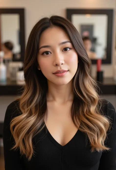 Latina woman in her late 20s, wavy ombré hair, freshfaced makeup, wearing a chic black top, professional expression, salon environment with styling tools in background