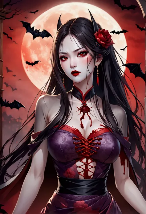 Asian vampire ,  detailed skin , white,  kimono and gothic clothing ,  very long purple silk hair , aggressive look, blood on the chest . red full moon, red moonlight, bats,  bathed in blood , massacre, bloodthirsty  (( masterpiece ,  top quality,  High re...