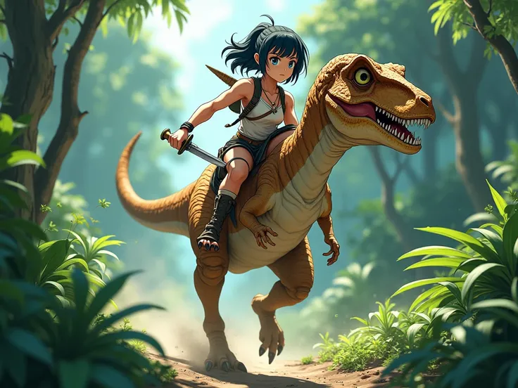 créer moi une image avec un personnage de type féminin de type anime armée dun petit poignare ,couteau primitif sur le dos dun vélociraptor courant dans une foret tropicale 