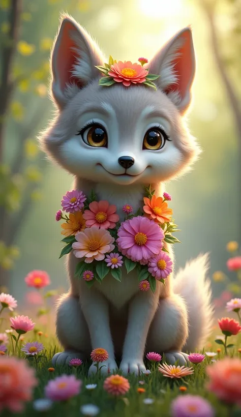 A MINI WOLF ADORNED WITH FLOWERS