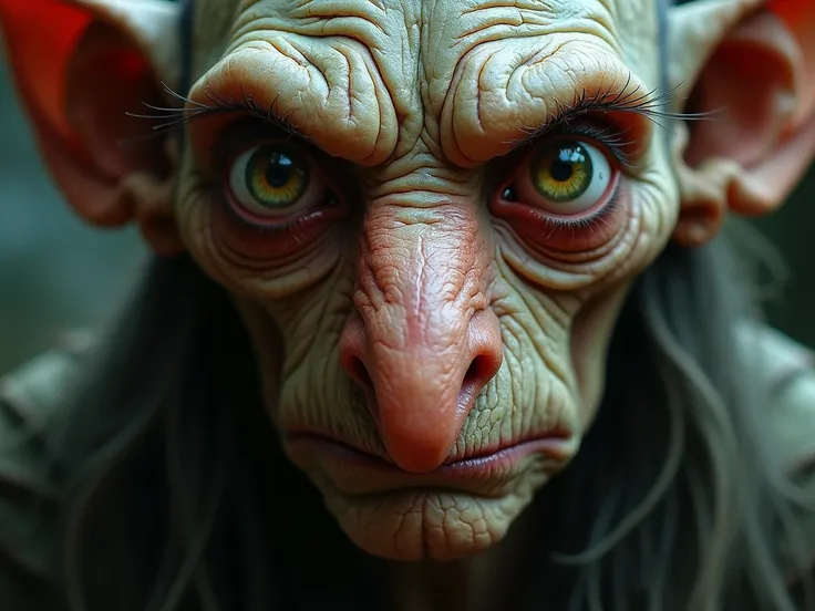 Detailed portrait of Grogu hybrid, elf-goblin, close-up of man with very big nose, Huge eyes with tears, tragedy, Epic, Cinematic, Intricate details, excellent lighting, shading, detail, high-quality skin texture, Brian Froud, Juan Jimenez, Pal Boehm