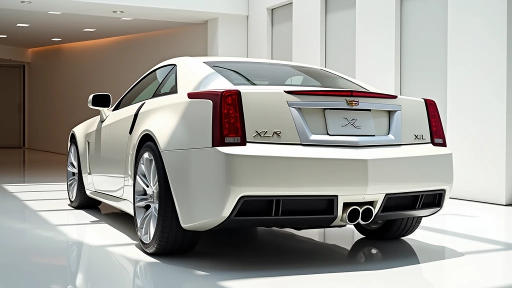 back view of painted (Gleamy Cream white colour )(2025 Cadillac XLR )with shiny clour  New ( 2025 Cadillac XLR )  Officially  sleek in large shape sedan in large size with ( 2025 Cadillac XLR   logo on its large detailed grille in shiny white clour with an...