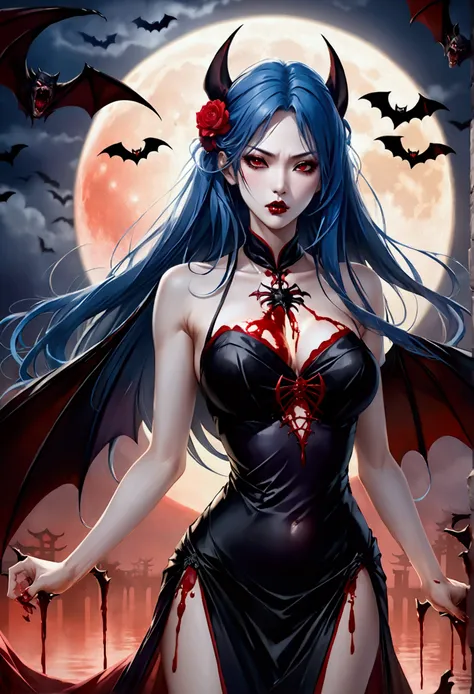 Asian vampire ,  detailed skin , white,  kimono and gothic clothing ,  very long silk hair,  blue hair, aggressive look, blood on the chest . red full moon, red moonlight, bats,  bathed in blood , massacre, bloodthirsty  (( masterpiece ,  top quality,  Hig...