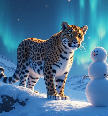 Create a not-so-realistic image of a leopard with glowing auroras and a working snowman