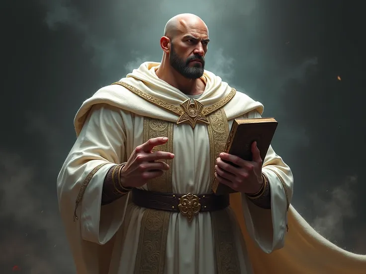 A priest holding a bible. he is strong, wear white clothes. dark background, sombrio, fighting game