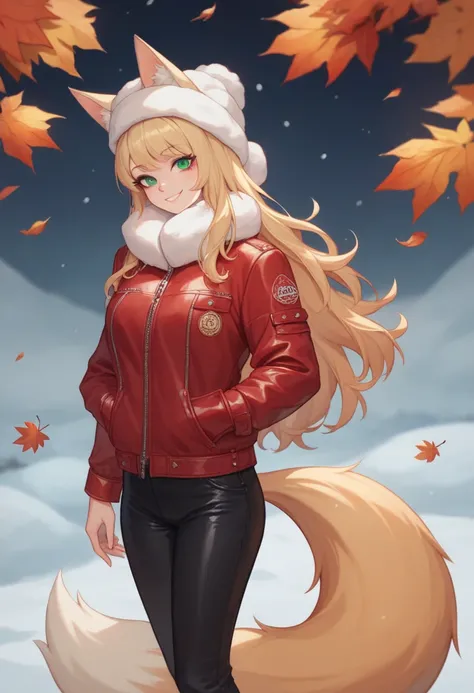  Create an image of an anime girl, 19 years old, fox ears, fox tail , long hair, green eyes, very dark big circles under eyes, dark circles under eyes, blonde hair, smile,  black trousers, red leather jacket, brown fur winter hat, and pigs, autumn weather ...