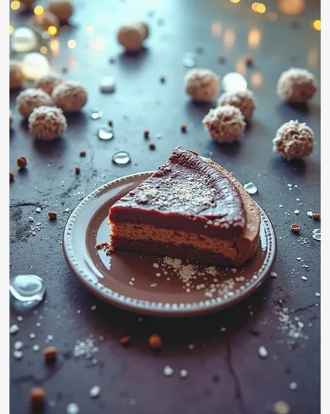 cinematic film still chocolate, chocolate cake, dark background, quality photo, moist texture, frosting, studio photo, slice . shallow depth of field, vignette, highly detailed, high budget, bokeh, cinemascope, moody, epic, gorgeous, film grain, grainy