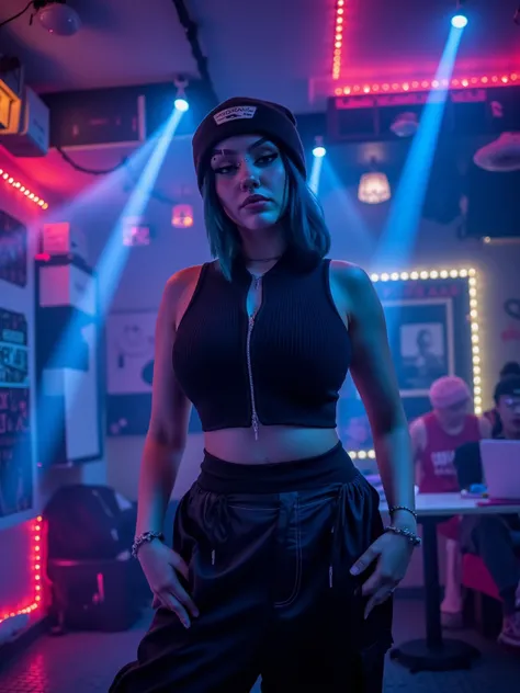 mad-cbrpnkjckt01, woman wearing croptop and shrugs,  black cargo pants, teal hair, futuristic night club, neon lights, light beams, holograms