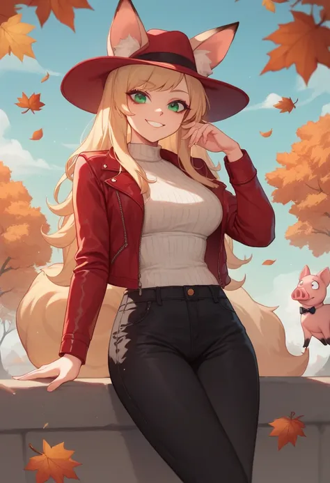  Create an image of an anime girl, 19 years old, fox ears, fox tail , long hair, green eyes, very dark big circles under eyes, dark circles under eyes, blonde hair, smile,  black trousers, red leather jacket, brown fur warm hat, and pigs, autumn weather fo...