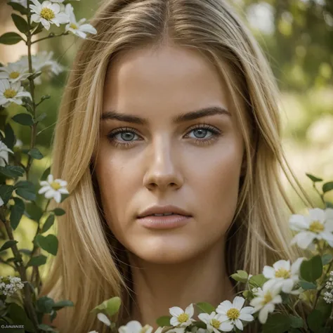 Hyperrealistic battle scene, face looking straight into the camera in which a beautiful blonde carefully studies the flora and fauna of America. "Add extremely accurate details to the plants, animals and the expression of surprise on Columbus face, 8k, Cin...