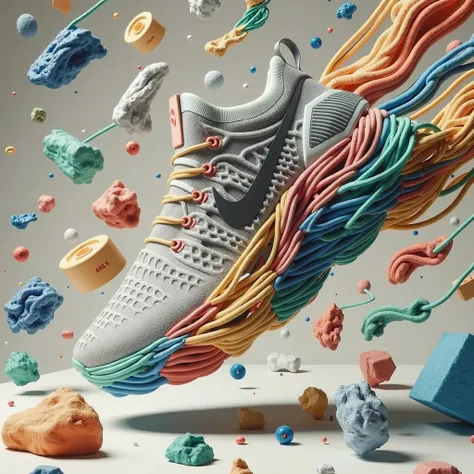 The photo shows a sneaker floating in the air, surrounded by bizarre shapes and colors. The shoe is the centerpiece of the image, featuring a modern and innovative design. The shoe is surrounded by colorful threads intertwined in bright colors such as oran...