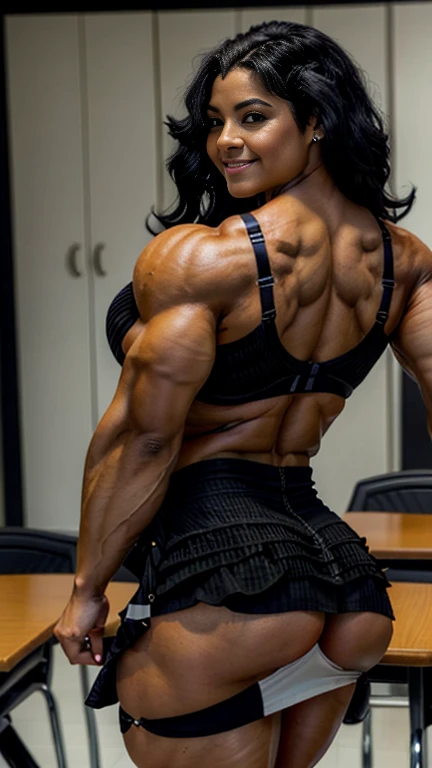 A super-realistic full-body representation of a highly muscular woman. She resembles a professional bodybuilder with ultra-thick, voluminous, and well-defined leg muscles and a slim, sculpted waist. Her abdominal muscles are well-defined, emphasizing her a...