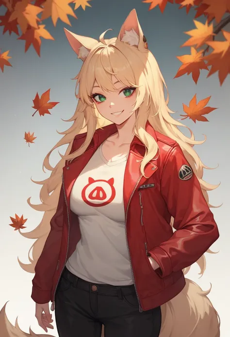  Create an image of an anime girl, 19 years old, fox ears, fox tail , long hair, green eyes, very dark big circles under eyes, dark circles under eyes, blonde hair, smile,  black trousers, red leather jacket, , and pigs, autumn weather fog rain, autumn, pi...