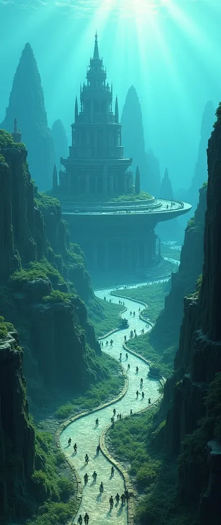 Create a panoramic image of the city Atlantis, before its extinction. (On the roads you can see the inhabitants walking, in a blue sky) seen from above.

