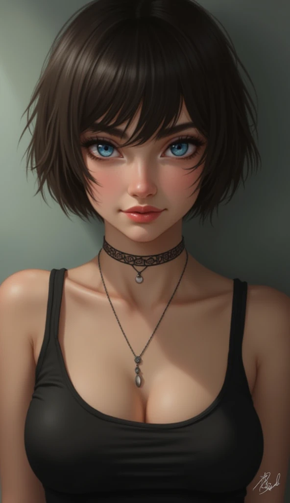 A realistic portrait of a young woman with short hair, gazing directly at the viewer with captivating blue eyes. She wears a black tank top that subtly reveals her upper body, adorned with a delicate choker and a pendant necklace that adds a touch of elega...