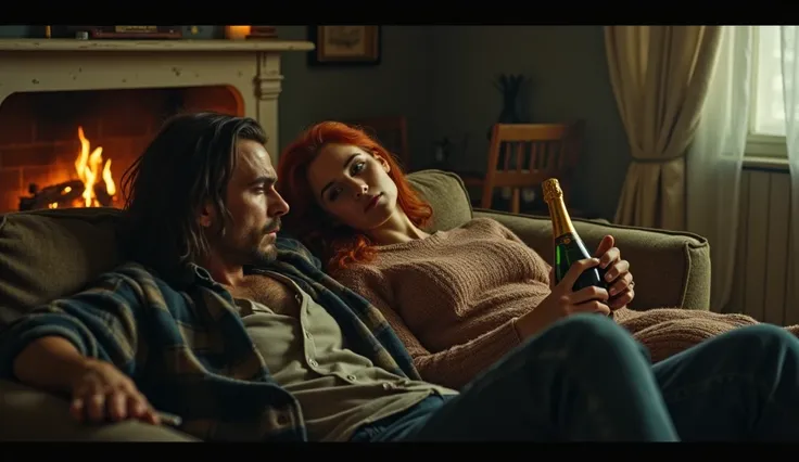 Smokes Guy long hair , with bong christmas meshura plaid shirt tired face lies on the sofa by the fireplace next to him girl red hair thin in a sweater in her hands Russian champagne ussr cinema 1970s 1960s 35mn panavision 70s old retro movie shot screen v...