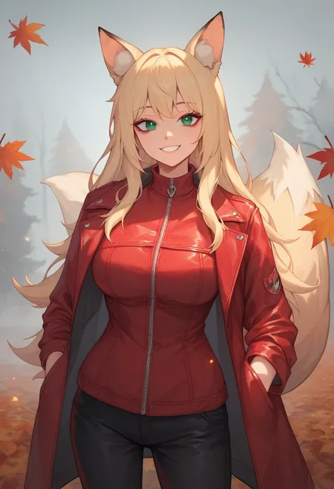  Create an image of an anime girl, 19 years old, fox ears, fox tail , long hair, green eyes, very dark big circles under eyes, dark circles under eyes, blonde hair, smile,  black trousers, red leather jacket, , and pigs, autumn weather fog rain, autumn, pi...