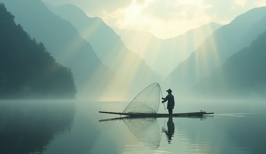 Fisherman cast his net on a lake toba in the morning. He was standing on a bamboo raft. Its serene, tranquil, and foggy morning. God rays from the top of the mountains.