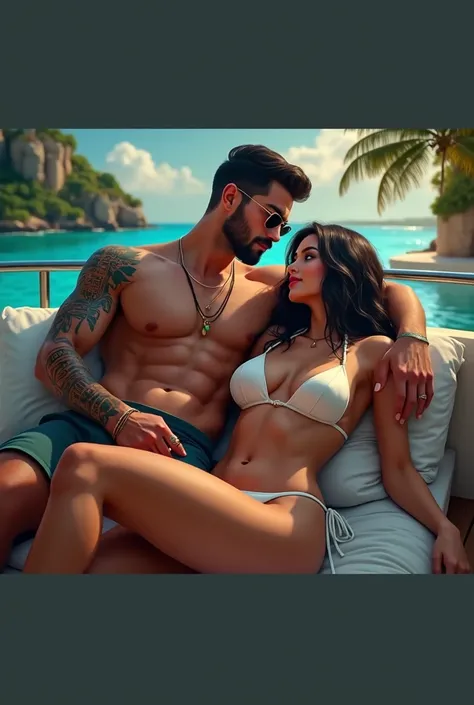  A young woman with European features , His skin is tanned and smooth,  their expression is a smile In love and a deep look ,  her eyes are light greens in contrast to her jet-black hair that is long and wavy, Her lips are red,  is wearing a white bikini t...