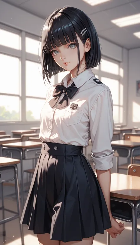 young, 1.73 meters tall ,  long jet black hair, fringe,  steel gray eyes ,  pale and smooth skin , ,  big and firm boobs , muslos gruesos, black schoolgirl outfit, background room