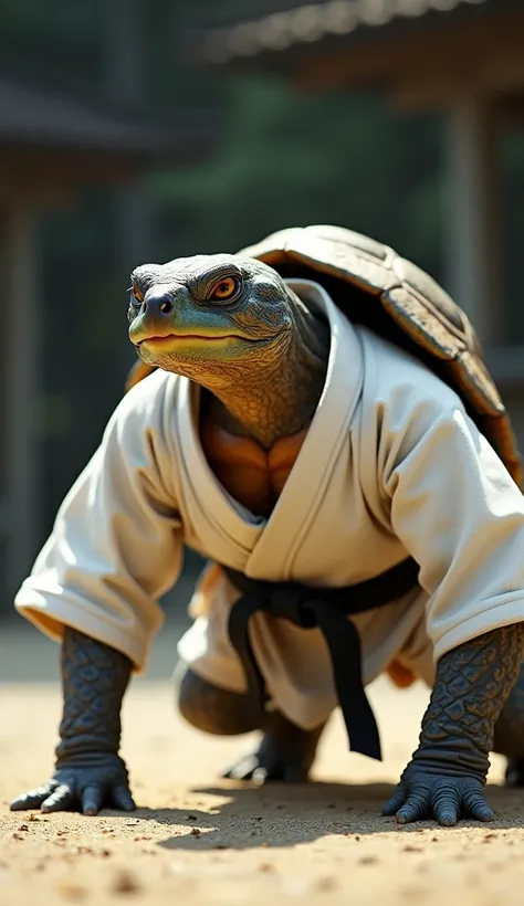 A realistic image of a jiu jitsu fighting turtle wearing a white kimono and a black belt doing a push up exercise on the ground