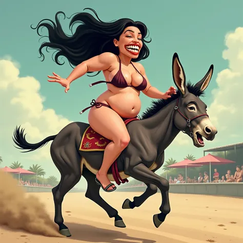  a busty brunette with giant ugly buck teeth sticking out in a string bikini riding a donkey like a race horse