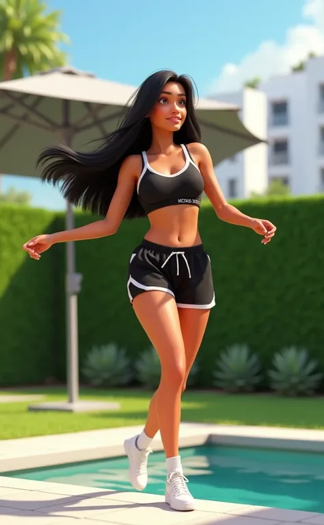 Woman 30 years, long straight black hair, wearing black sports bra with white Victoria’s Secret lower trim name with black sweat shorts and white low socks. At backyard with small square pool with green grass wall in the back and white modern low rise apar...