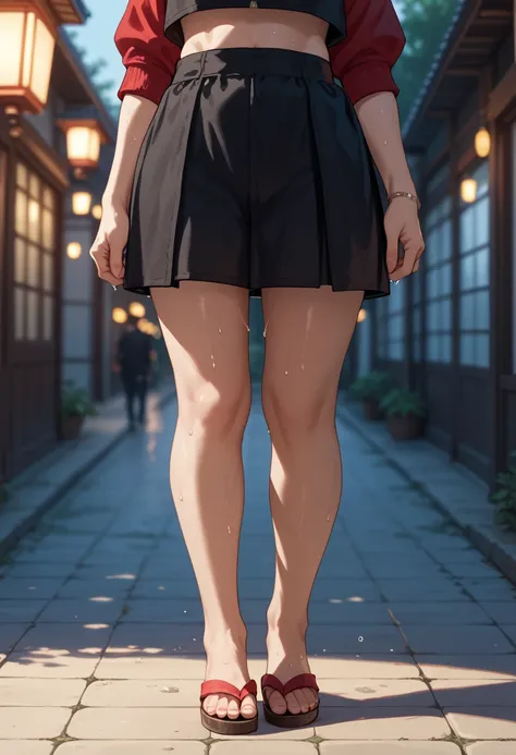 Uchiha sarada, Fleshy body, sweaty body, belly visible, cinematic lights, deepshadows, sandals, 5 fingers, close up, standing, anime like graphics, HD
