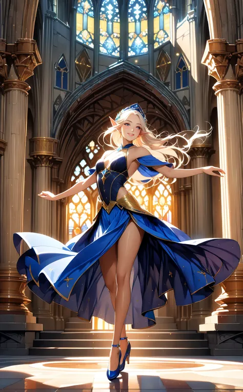 (masterpiece, ultra quality, official art, 8k, beautiful and aesthetic, extreamly detailed:1.3), (1 elf lady), solo, (cowboy shot:1.3), (Scenery inside the cathedral), anatomically correct, absurdres, (well-defined facial features, perfectly proportioned f...