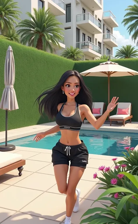 Woman 30 years, long straight black hair, wearing black sports bra with white Victoria’s Secret lower trim name with black sweat shorts and white low socks. At backyard with small square pool with green grass wall in the back and white modern low rise apar...