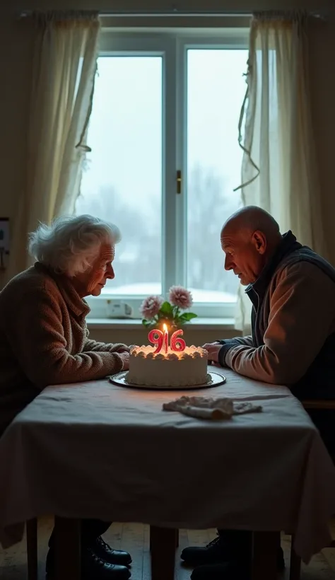 The old woman ,  with their white hair falling over their shoulders , She wears a brown fleece jacket and is seated in front of a worn table with her birthday cake and her “96” candle.  The table is almost empty ,  except for a crumpled napkin and a small ...