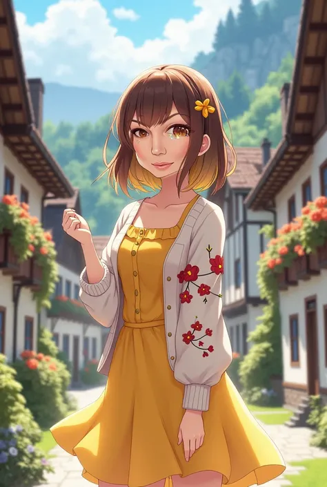  There is a woman whose hair ends are yellow the rest is brown.  Woman has a yellow dress on her .  She has a white cardigan with red flowers on it .  Woman posing in Swiss villages .  It is sunny and there is spring weather . Image in Hd resolution .