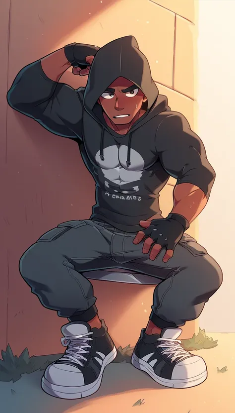 Design a muscular male character with tanned skin, wearing a thin black hooded jacket made of flexible, breathable fabric. Underneath, he wears a form-fitting dark gray T-shirt that highlights his physique. His black cargo pants have multiple hidden pocket...