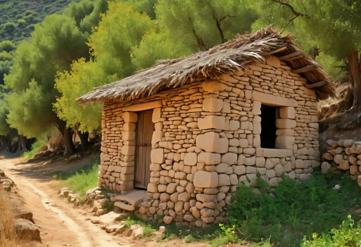 background image, ground level, masterpiece, best quality, high quality, extremely detailed, a simple small mud-brick and straw hut in the Peloponnese, single door, single window with wooden shudders, surrounded by deciduous forest 