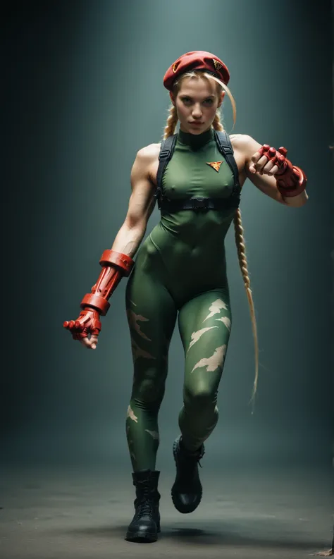 score_9, score_8_up, score_7_up, score_6_up, photo, realism, photorealistic, (full body shoot), Cammy White, in the ring, dynamic pose, looking at viewer, depth of field, dark theme, street fighter