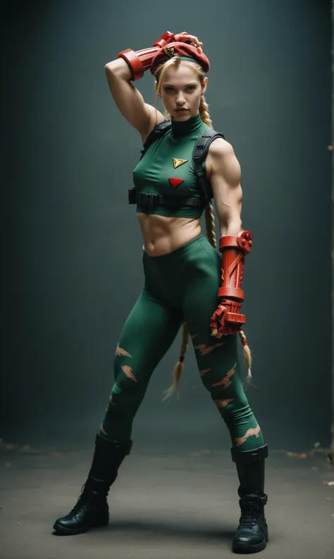 score_9, score_8_up, score_7_up, score_6_up, photo, realism, photorealistic, (full body shoot), Cammy White, in the ring, dynamic pose, looking at viewer, depth of field, dark theme, street fighter