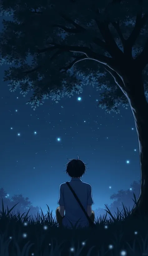 Anime sad guy sitting underneath the tree dark night glowing stars emotional magical beautifull place full dark nighy glowing stars windy 