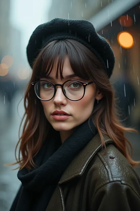  A very beautiful woman with brown straight hair ,spectacled,I am , with brown eyes is photographed with her beret and scarf while raining behind her