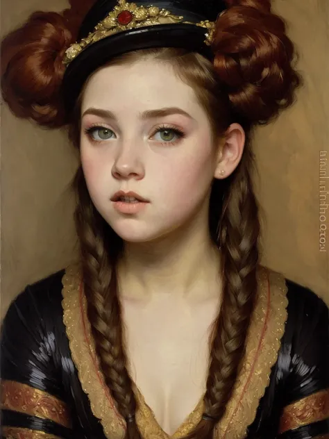 [front portrait] [low view] 1 dreamy teen Jessica Reynolds with big eyes and short red hair, strong dress,  ((ilya repin style)), ((oil painting  )),  very colorful   ,   supreme detail , ((masterpiece)),
 ((Single shot)), impression, perspective, 8 thousa...