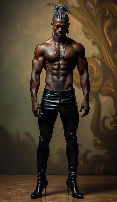 An extremely huge muscular handsome pitch black man, short braided hair, shirtless, wearing leather black pants, wearing black highheel stiletto boots, standing at ease, in a luxurious photo studio, exposed hairy chests, exposed body, exposed legs, glisten...