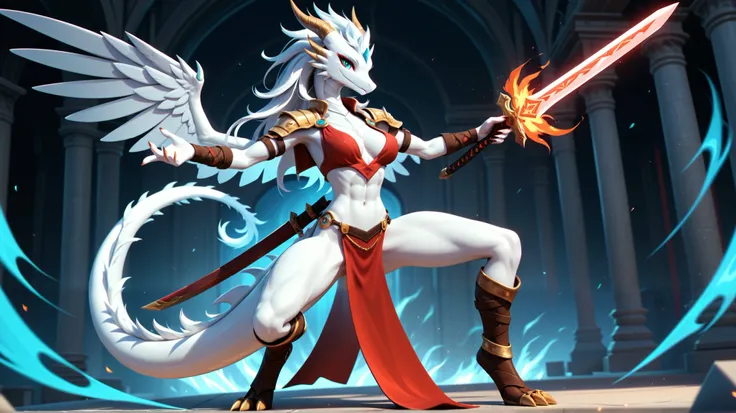 A female white dragon with two arms and two legs. She has a human-like appearance, the size of a person, with a chest and a white body, Her face is still like a dragons, She looks friendly, kind, and compassionate. She looks graceful, holding a fire sword ...